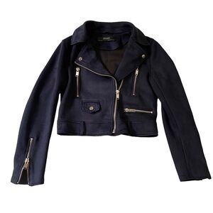 Zara Basics Outerwear jacket perfecto cropped navy blue zippers faux leather XS